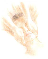 Desciende suavemente la yema de los dedos por la cara del receptor. Sujeta sus mejillas y los lados de la mandíbula y mueve las manos lentamente hacia afuera, arriba y hacia los lados. 